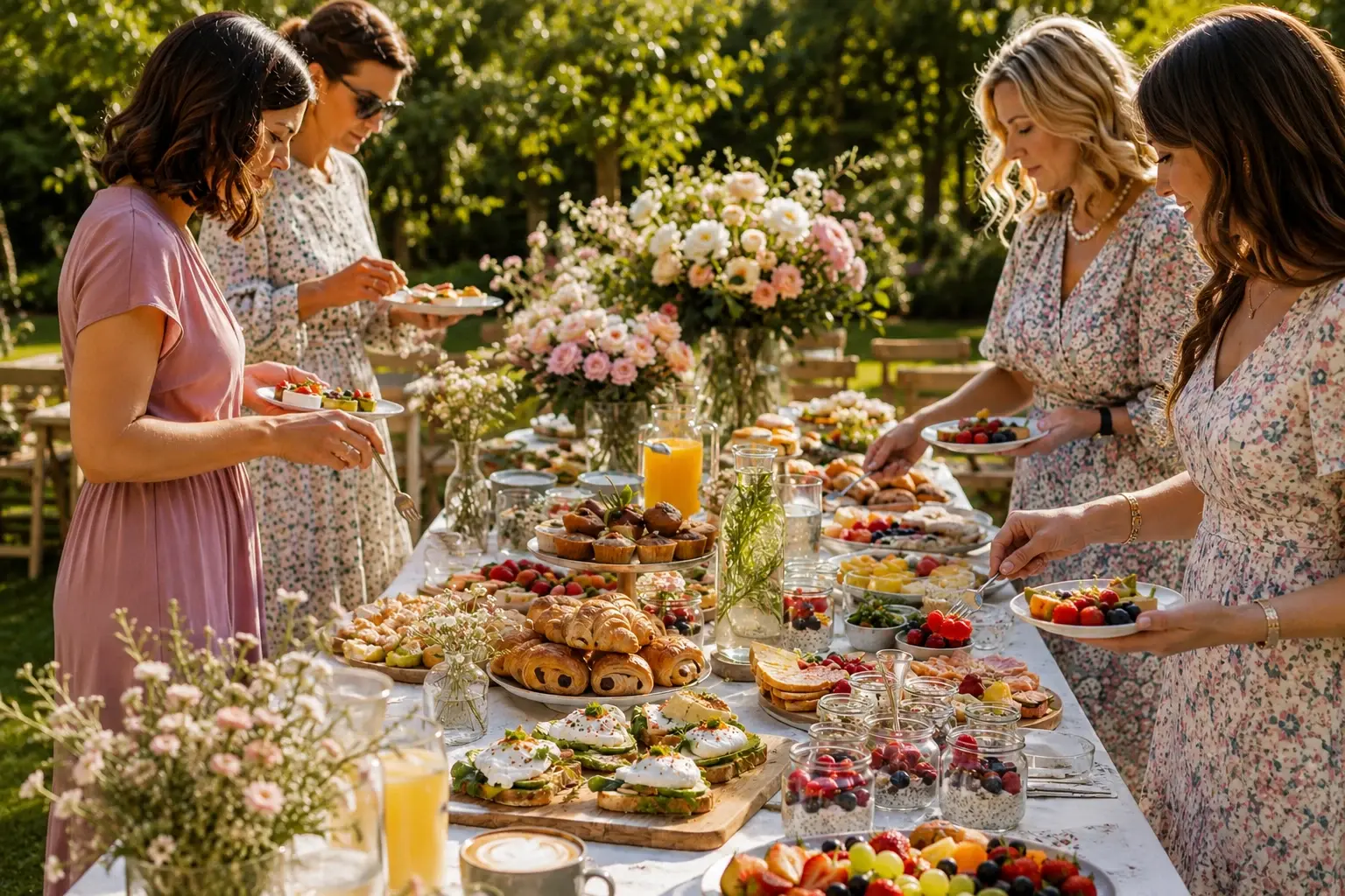 Grand buffet de brunch fleuri servi dans le jardin