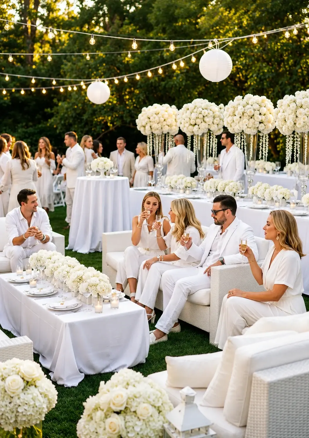 Réception familiale en plein air, avec tables blanches, fleurs et espace lounge dans le jardin