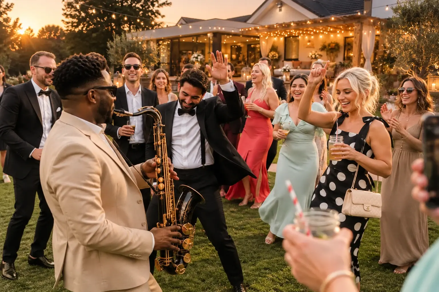 Un saxophoniste joue au milieu des invités qui dansent dans le jardin