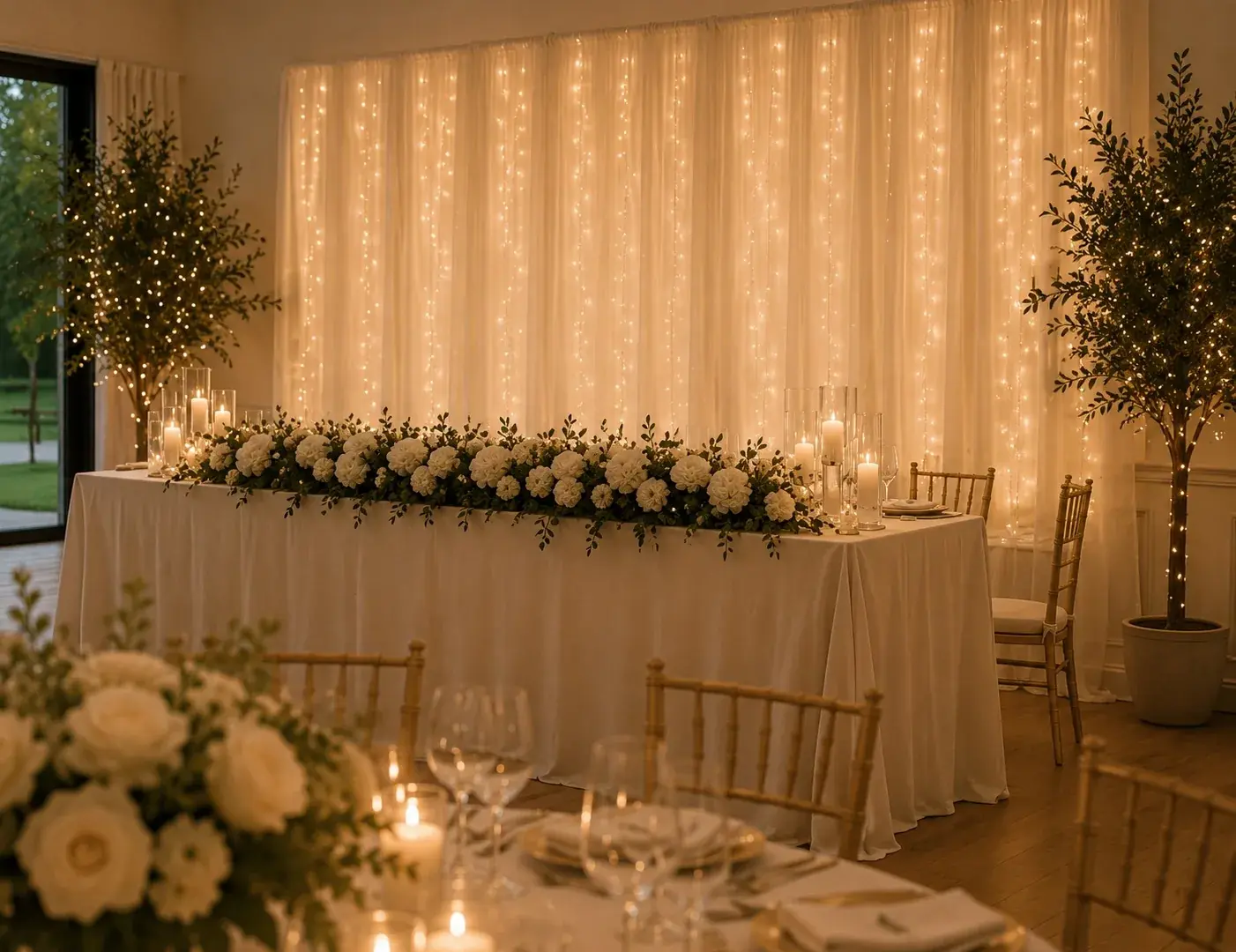 Réception de marque mise en scène avec un décor lumineux et floral