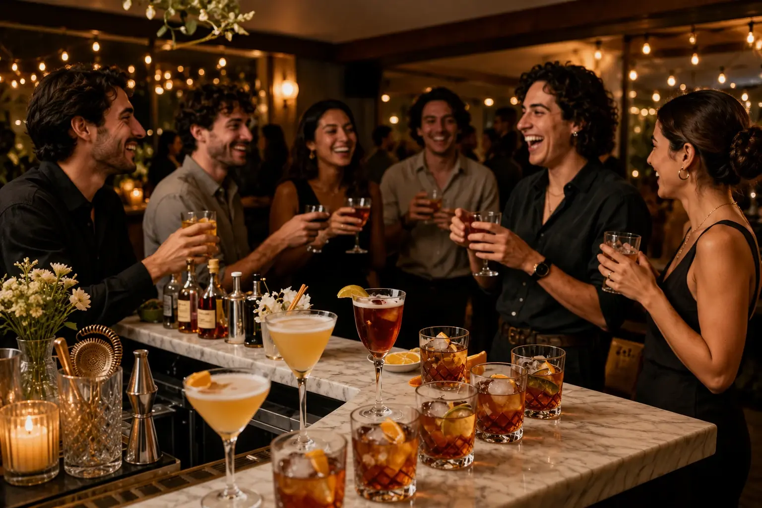 Une équipe rit autour d’une sélection de cocktails alignés sur le bar