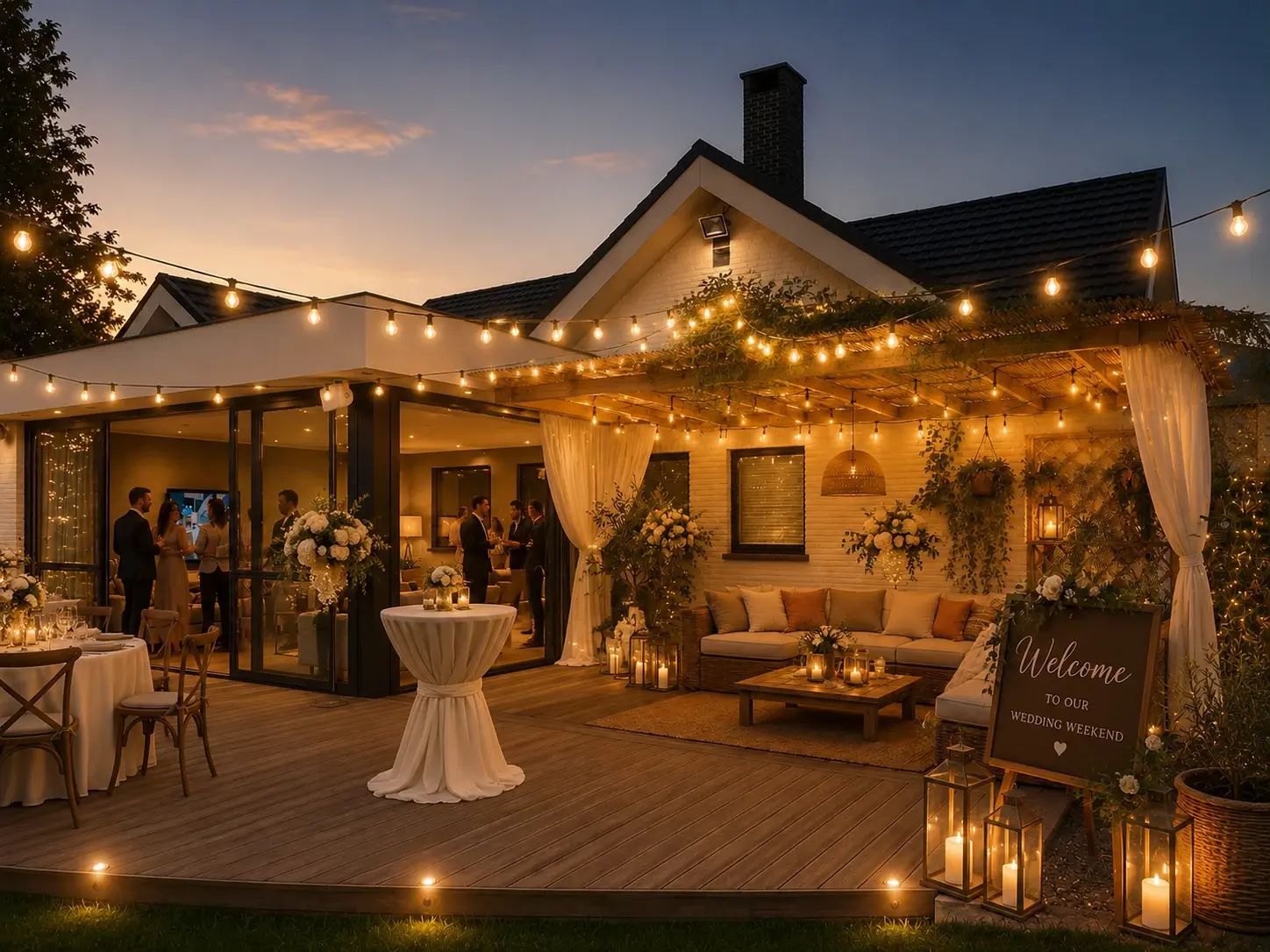 Villa DS illuminée au crépuscule avec un espace lounge préparé pour un week-end de mariage