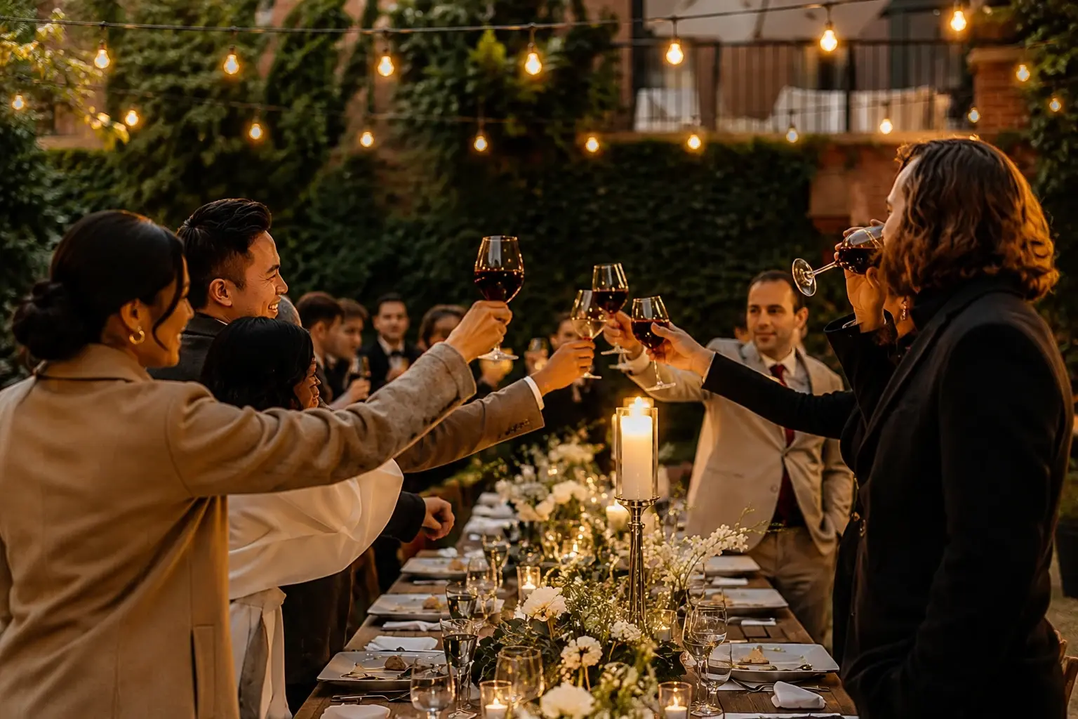 Des collègues en tenue de soirée trinquent avec du vin dans le jardin