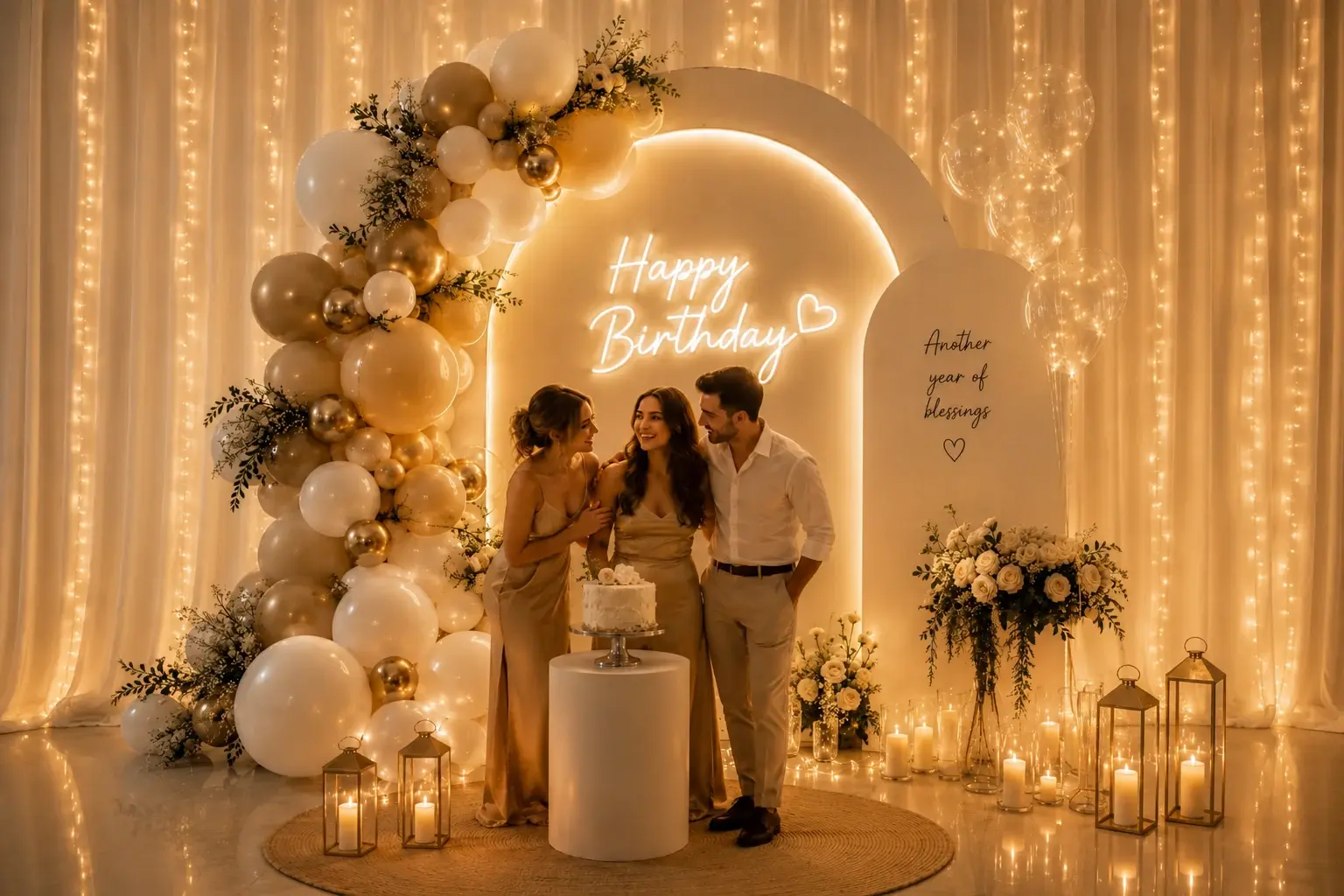Trois invités réunis autour d’un gâteau dans un décor d’anniversaire lumineux