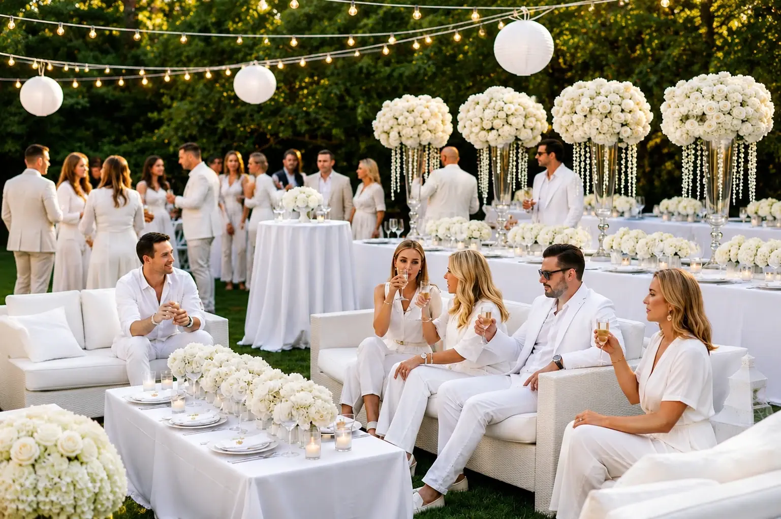 Réception familiale en plein air avec fleurs blanches et espace lounge dans le jardin
