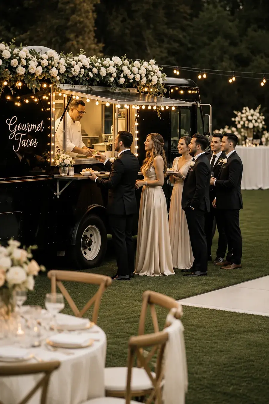 Food truck servi dans le jardin lors d’une réception