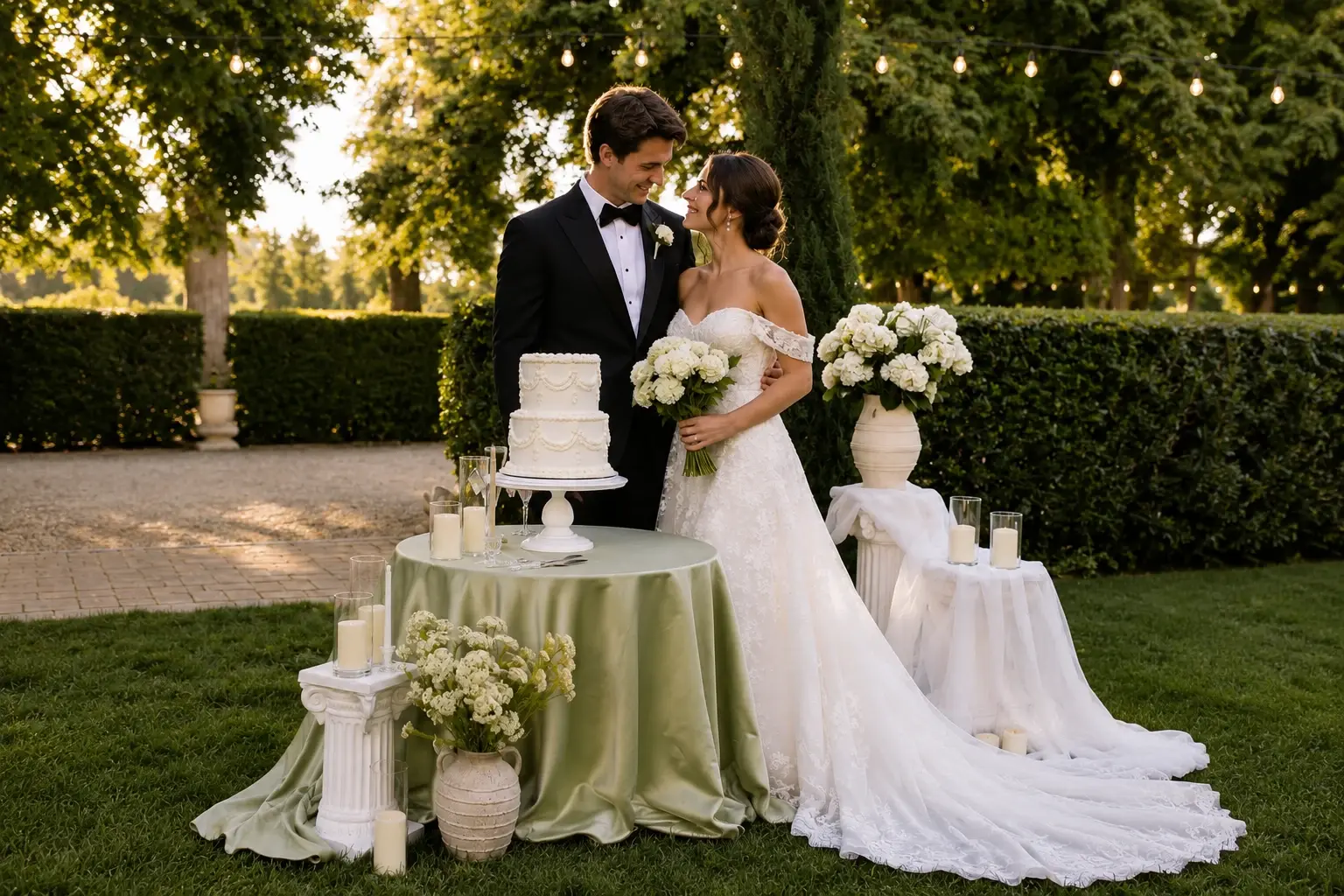Couple de mariés près de leur gâteau dans le jardin de Villa DS