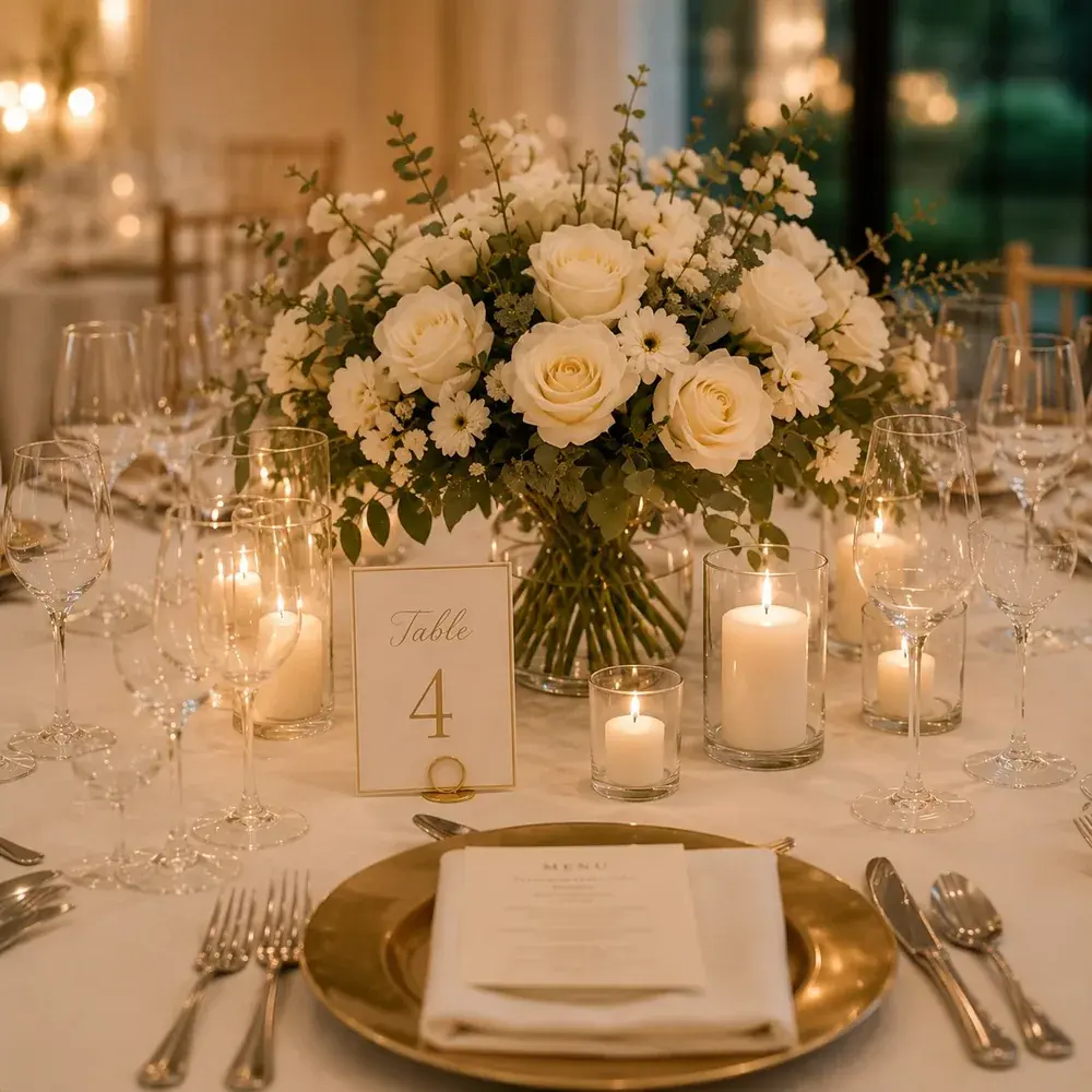 Décoration florale et bougies sur une table de réception