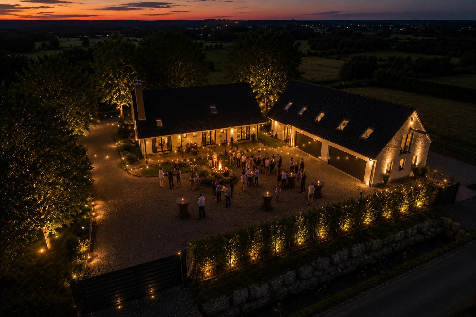 Vue aérienne nocturne de Villa DS pendant une réception