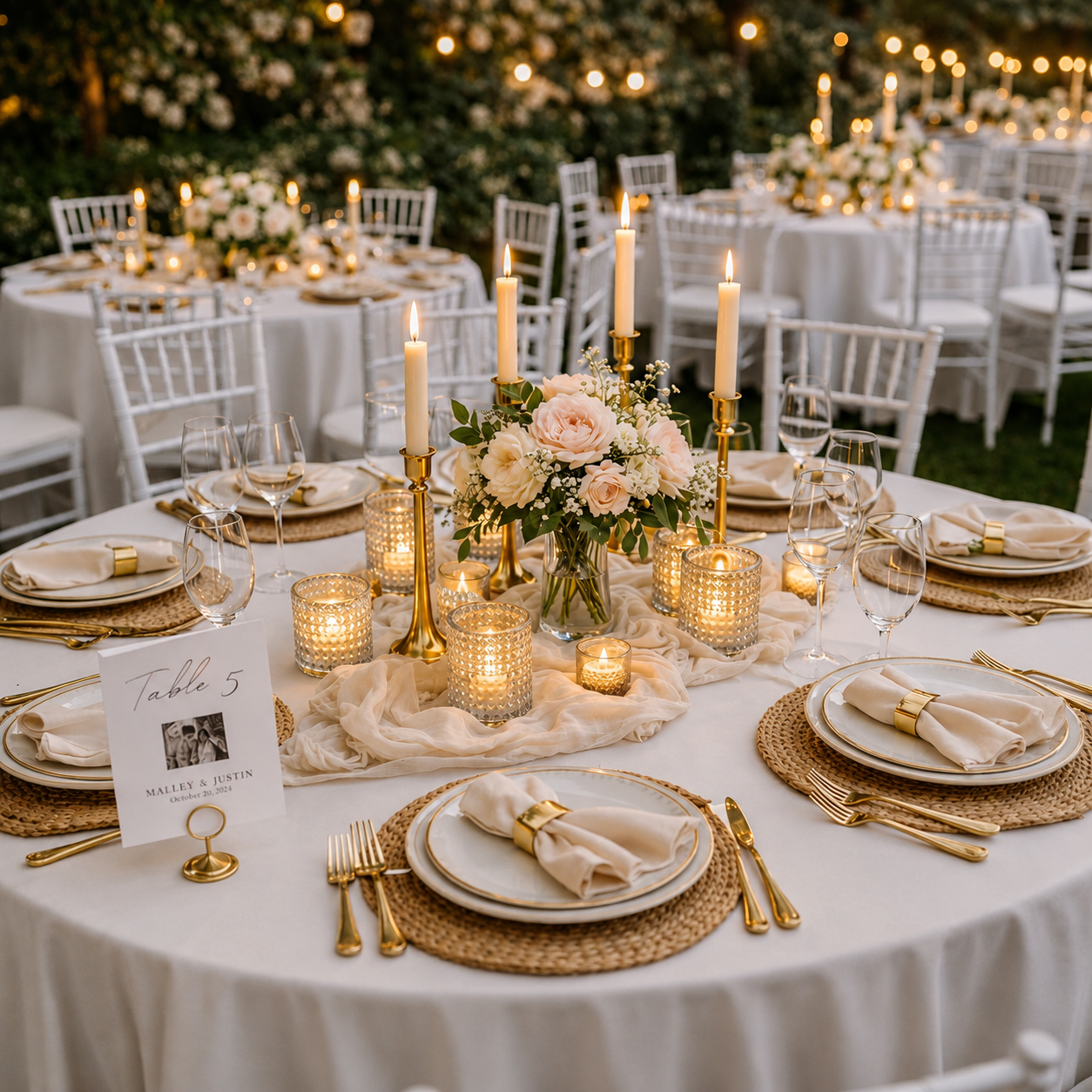 Table dressée dans le jardin avec bougies