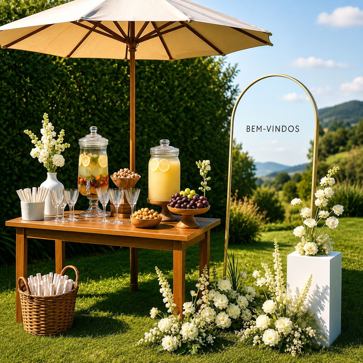 Table de bienvenue avec boissons et fleurs