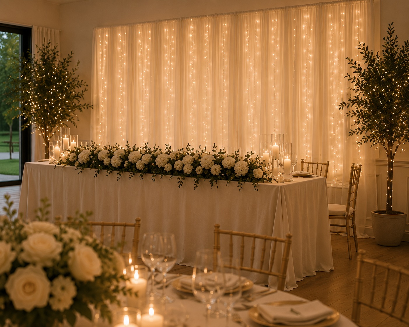 Table d’honneur fleurie devant un rideau lumineux