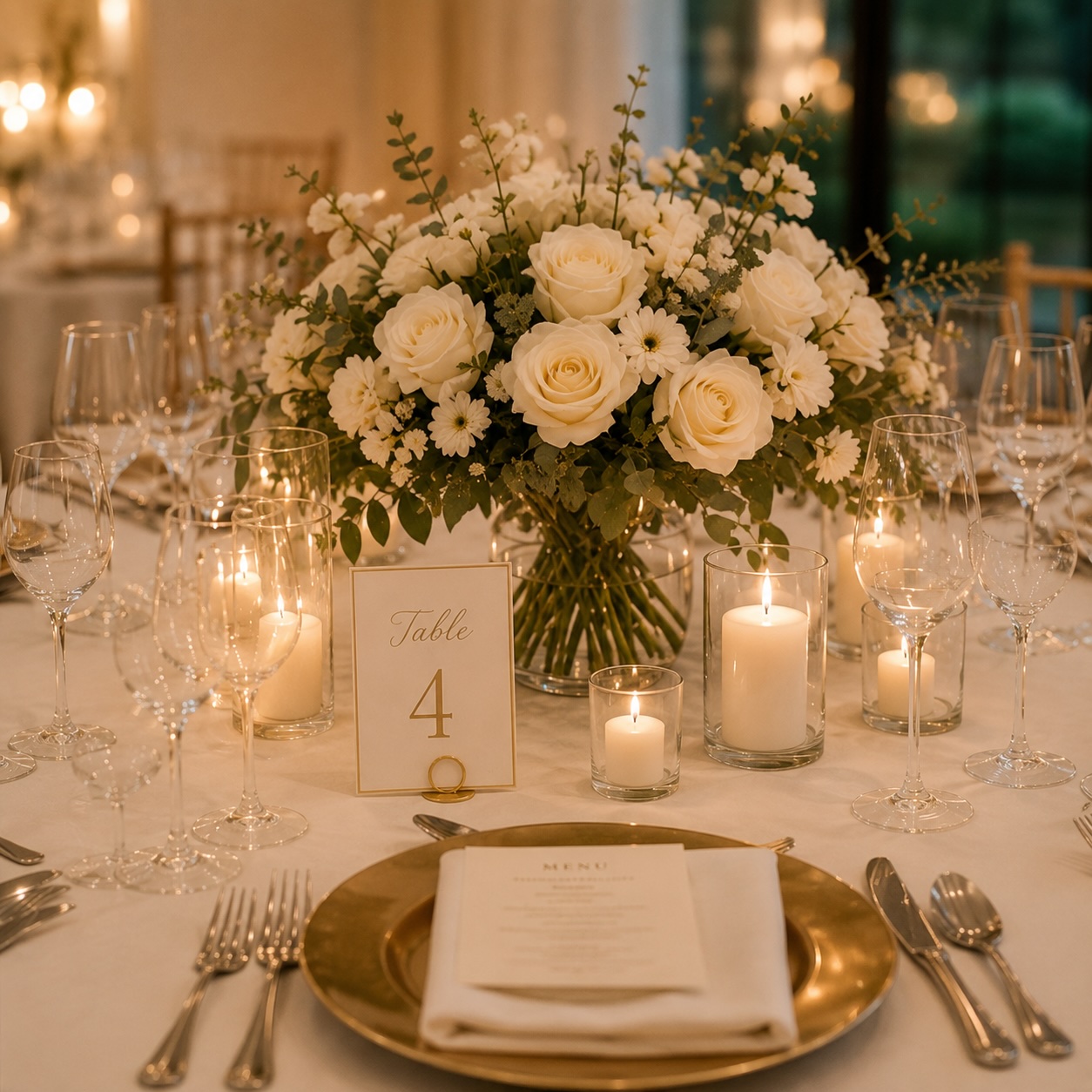 Centre de table avec fleurs blanches et bougies