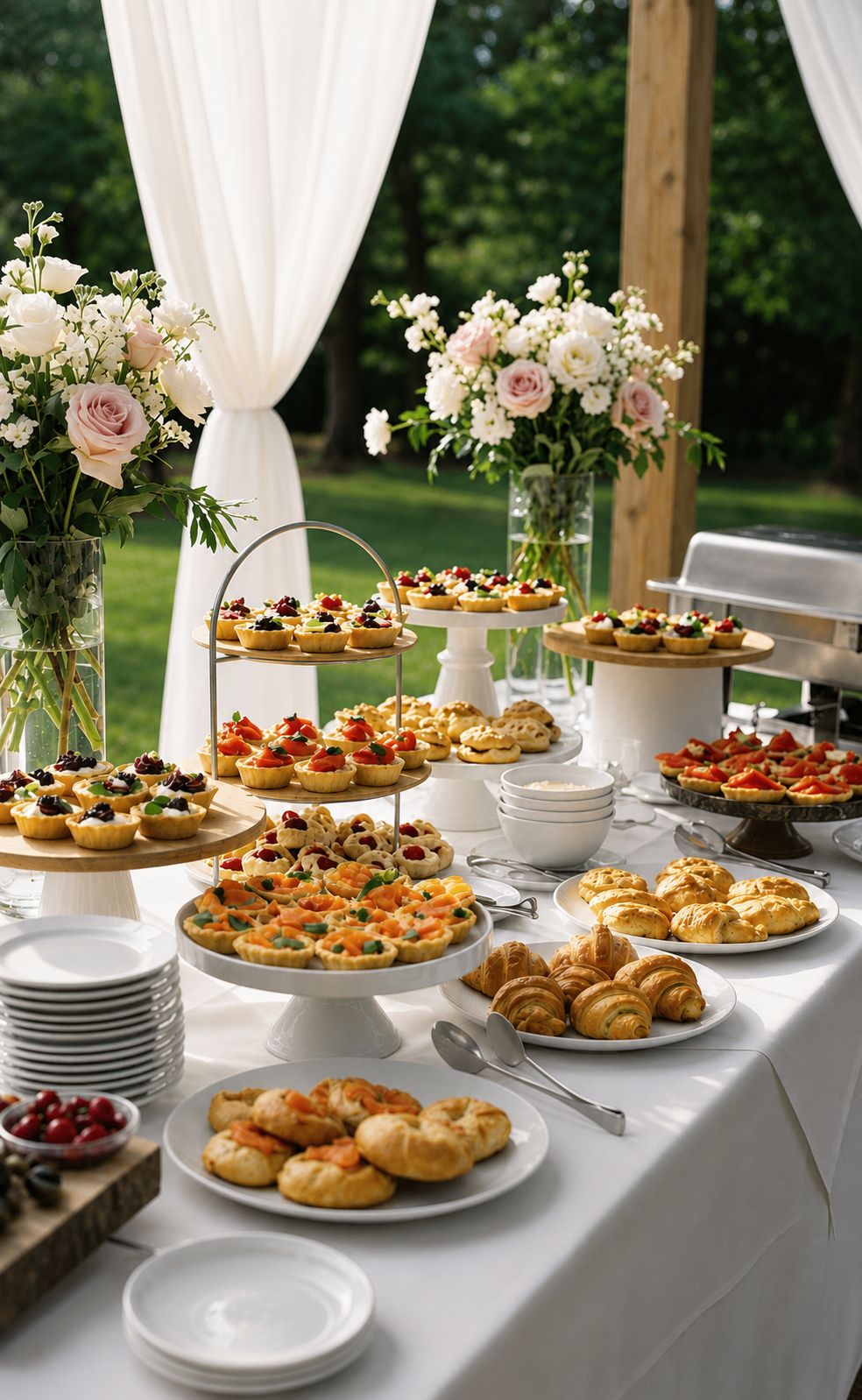 Buffet de pâtisseries présenté dans le jardin