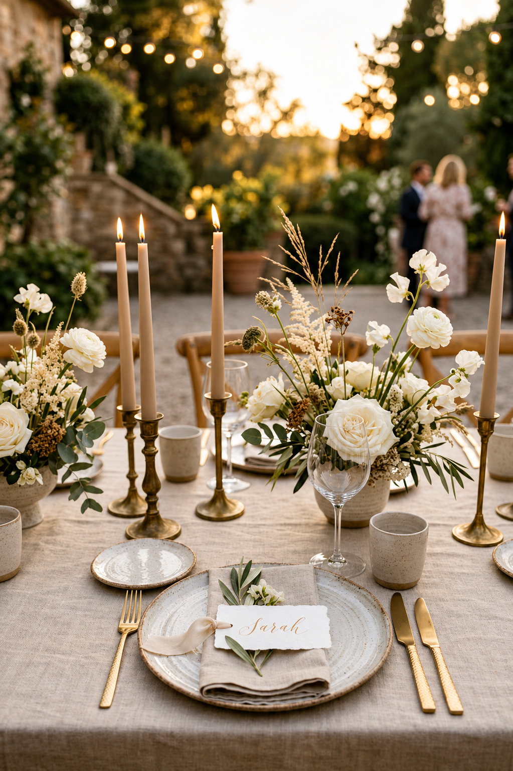 Table de célébration dressée au soleil couchant