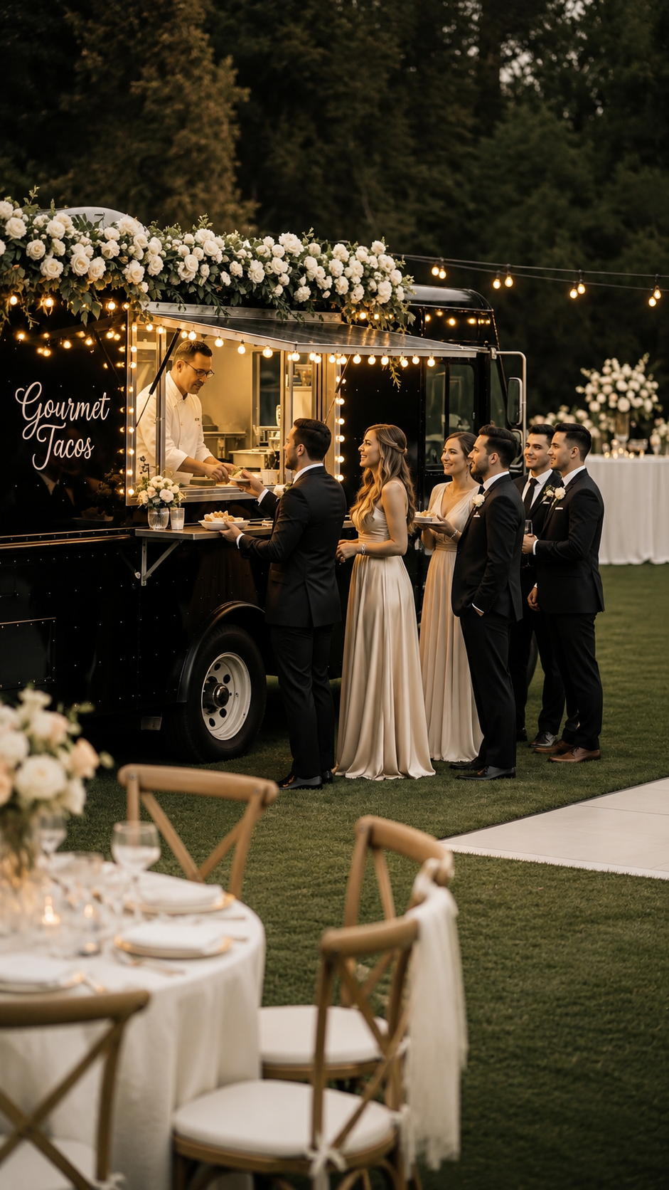 Food truck gourmand dans le jardin pendant une réception