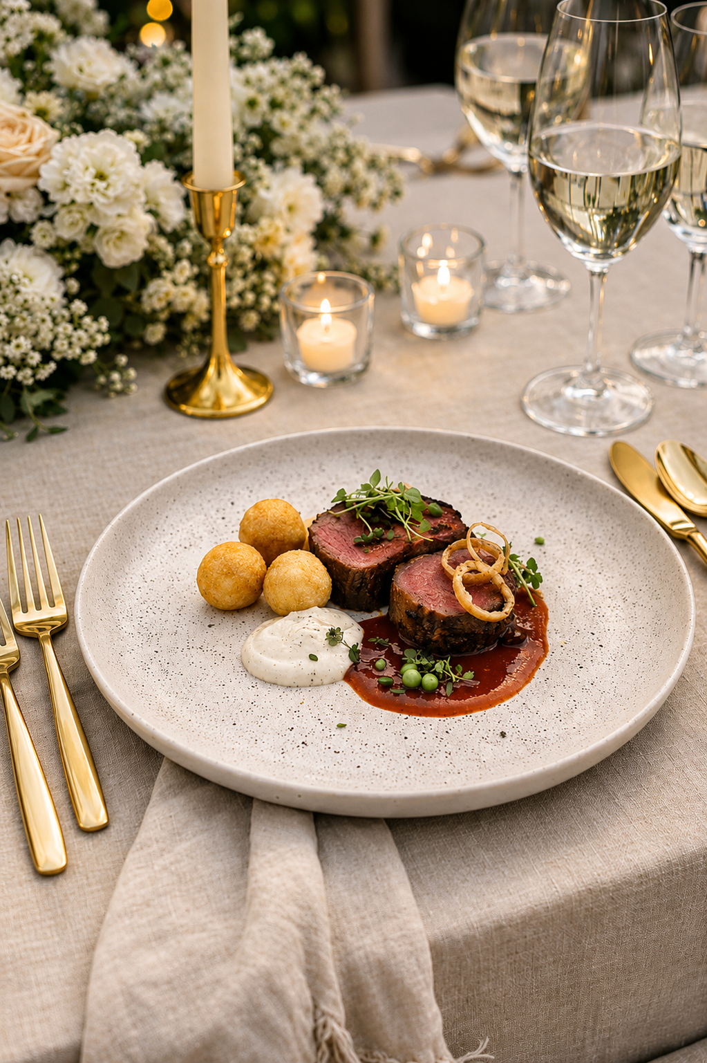 Plat de viande dressé sur une table de réception